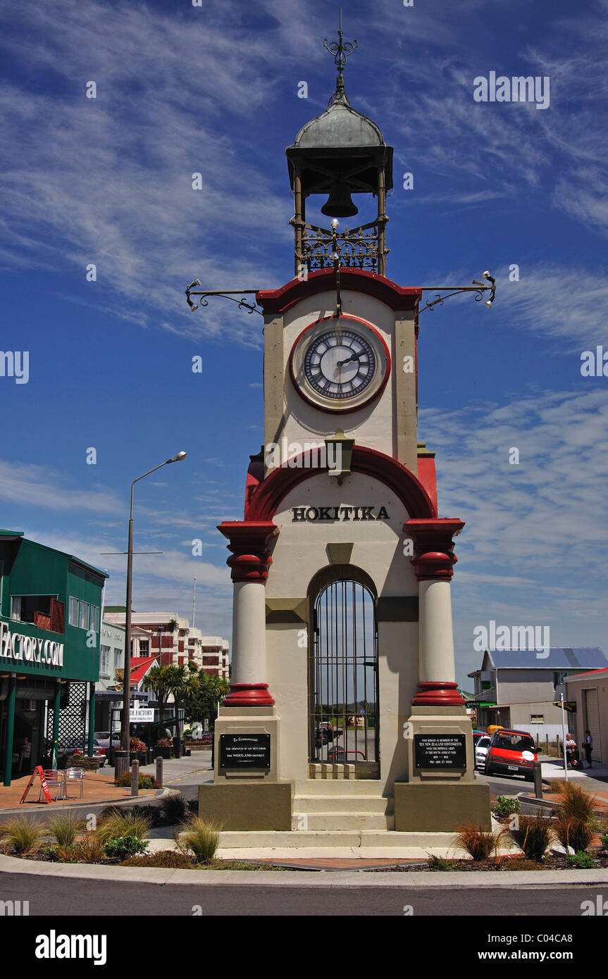 Hokitika Memorial Clocktower, Weld Street, Hokitika, Westland-Distrikt, Region West Coast, Südinsel, Neuseeland Stockfoto