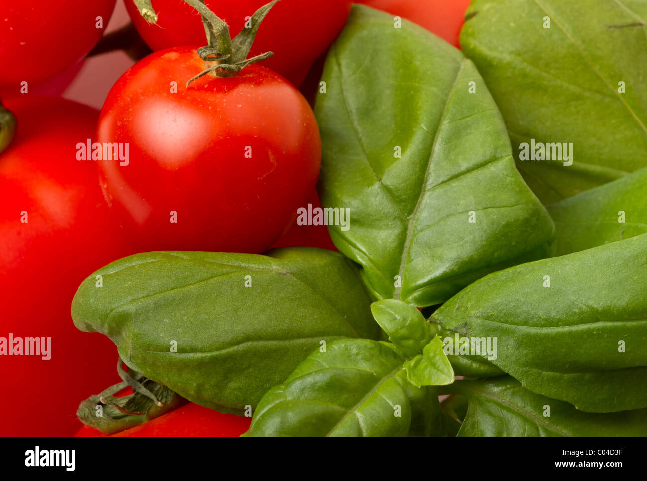 Essen im Hintergrund pulsierende rote Tomaten und Basilikum zu Hause angebaut. Stockfoto