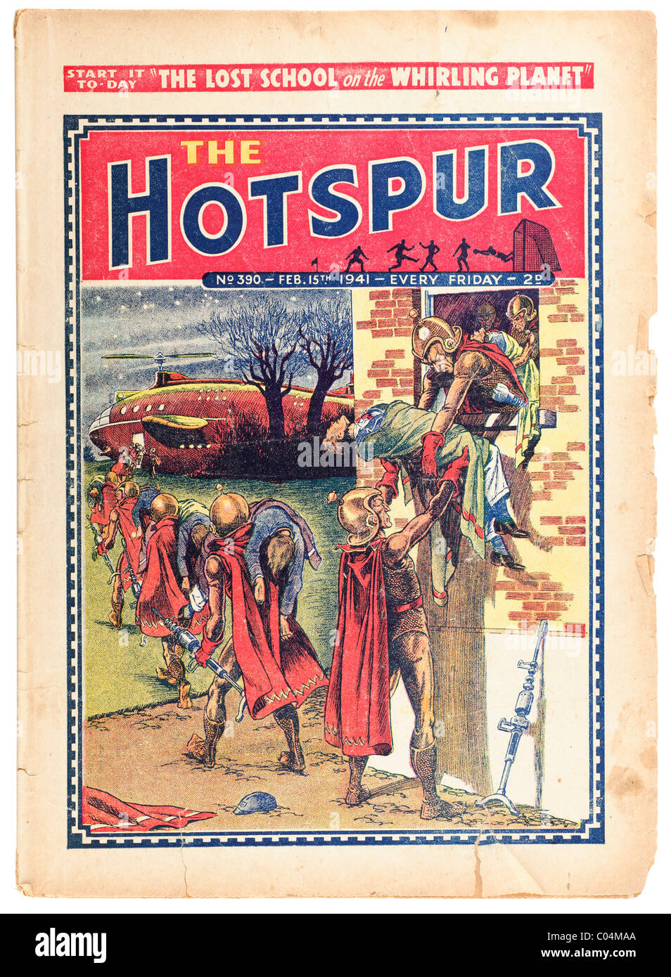 Alten zerrissen verblichenen Vintage Hotspur Comic vom 15. Februar 1941 'Verlorene Schule des wirbelnden Planeten'. EDITORIAL NUR Stockfoto