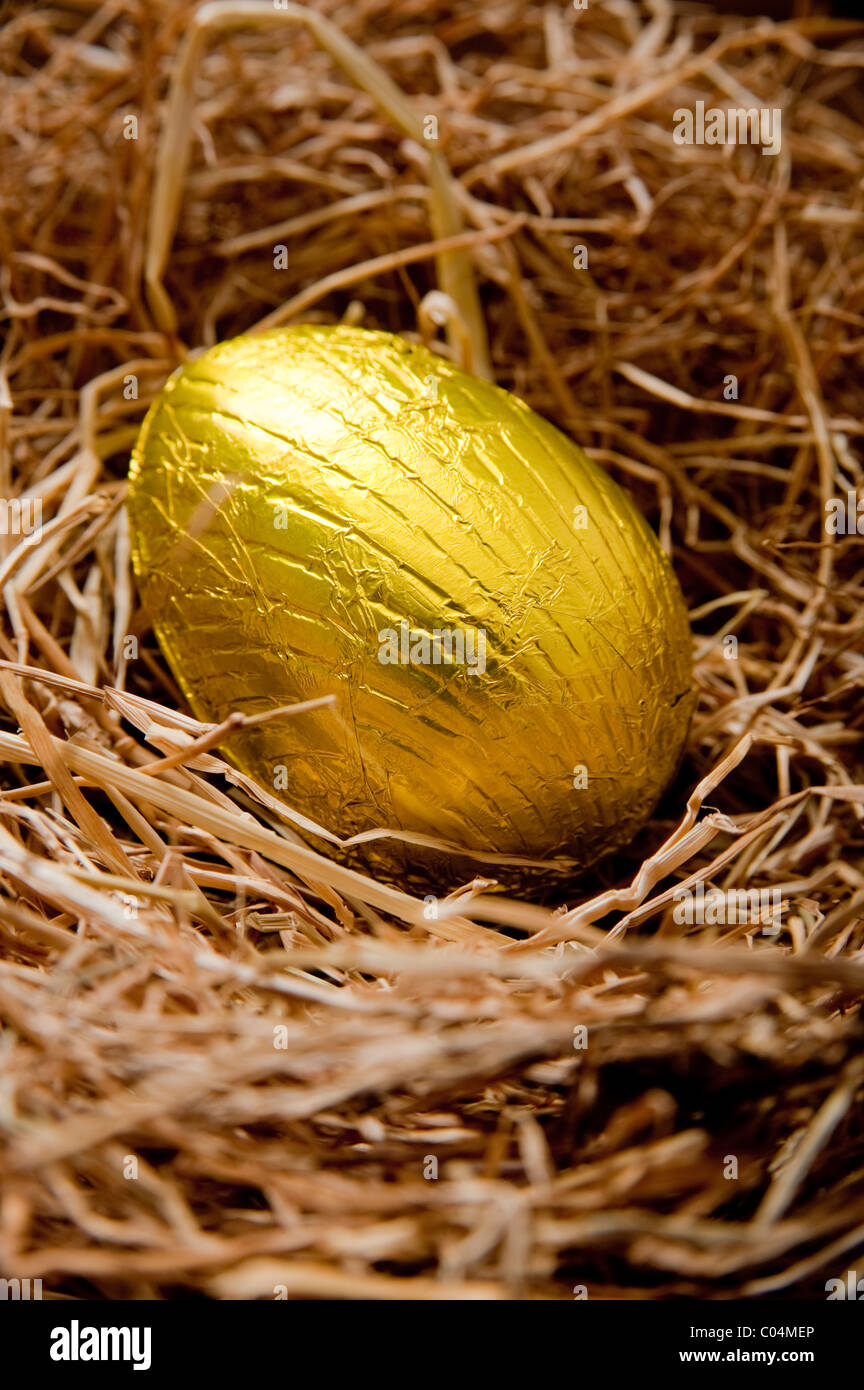 Einzelne Goldfolie gewickelt Schokoladen Osterei in einem Heu, die Vögel auf einen Eichentisch nisten. Stockfoto