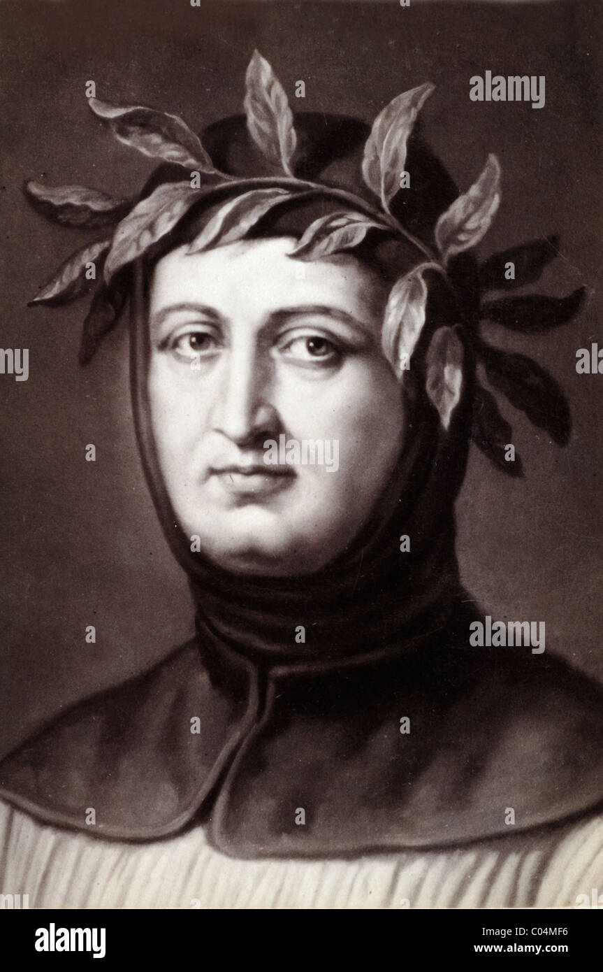 Petrarca (Francesco Petrarca) (1304-1374) Italienischer Gelehrter, Dichter und Frühhumanist mit Blattkrone. Porträt. c19. Albumin Druck der Malerei. Stockfoto