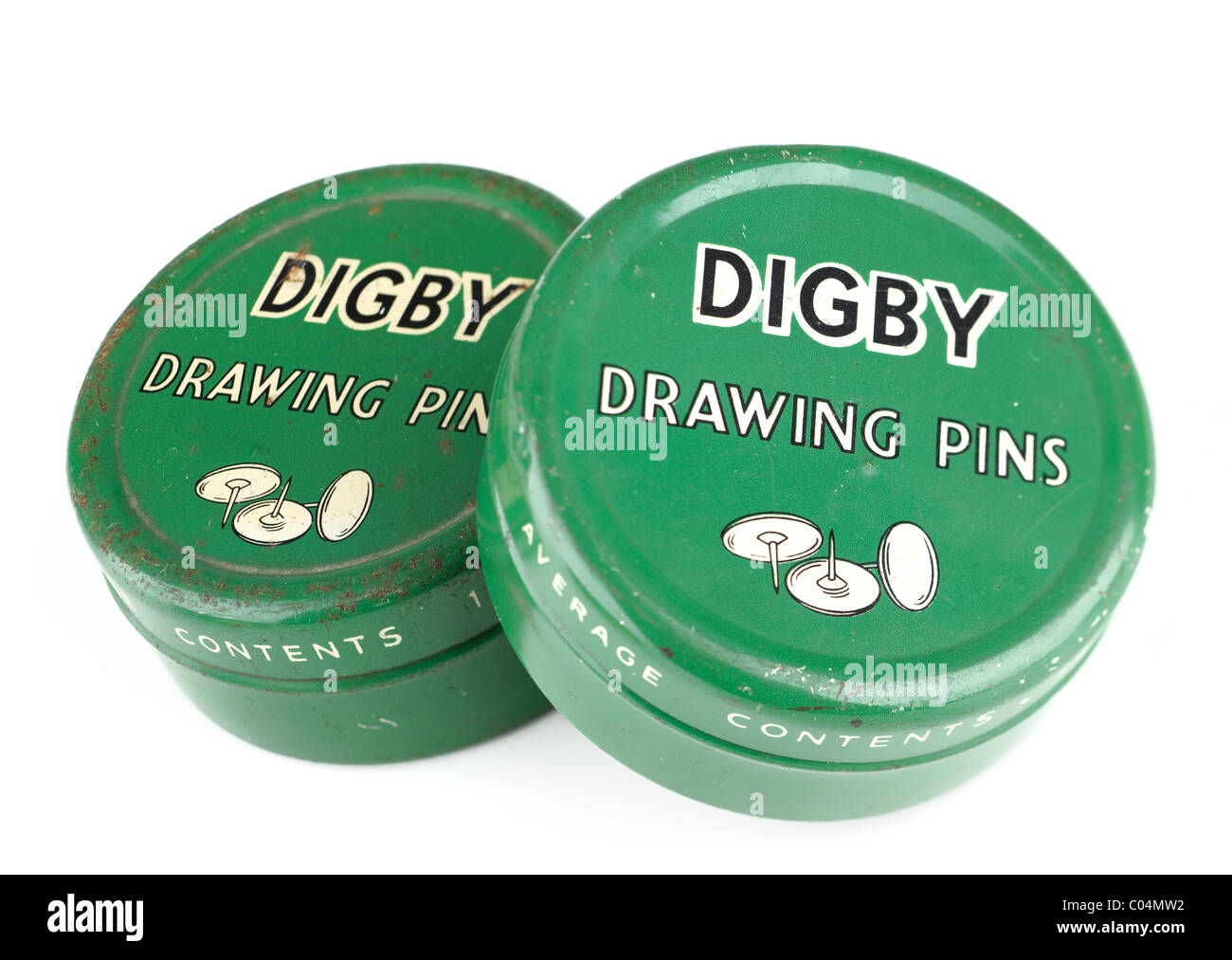 Zwei alte Vintage grüne Dosen für Digby Reißnägel. EDITORIAL NUR Stockfoto