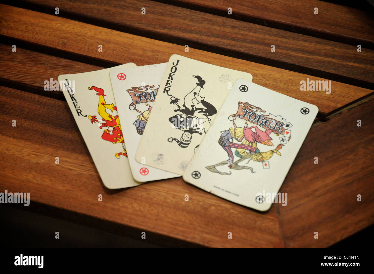 Spielkarten. Vier Jokerkarten Stockfoto