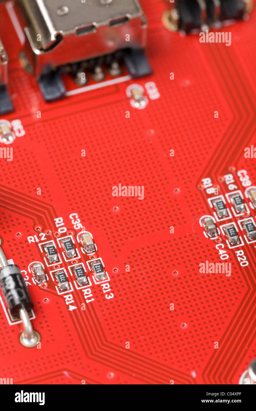 Red Circuit Board Nahaufnahme Schuss für Hintergrund Stockfoto