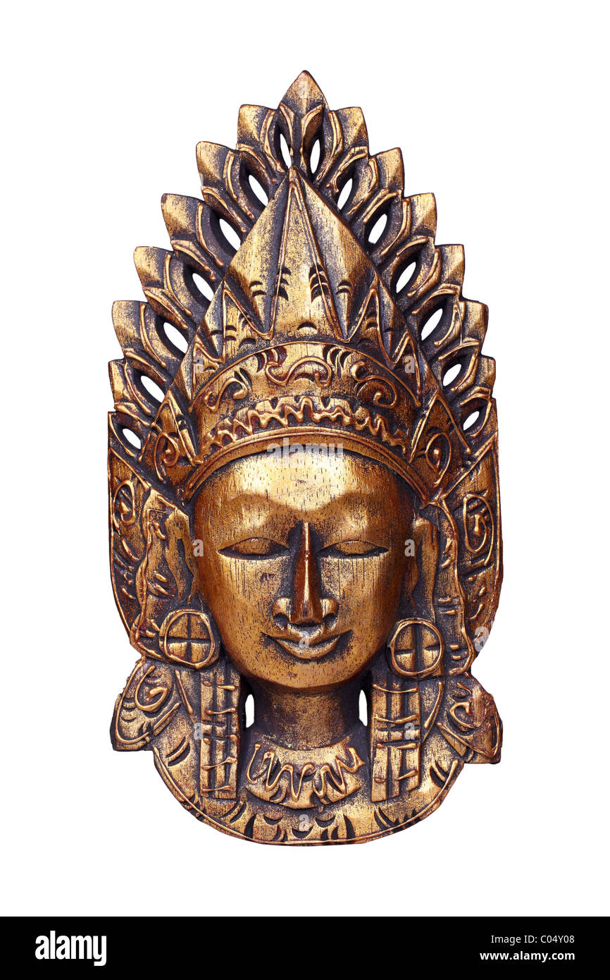 Holzmaske Gottes Vishnu isoliert auf weiss Stockfoto