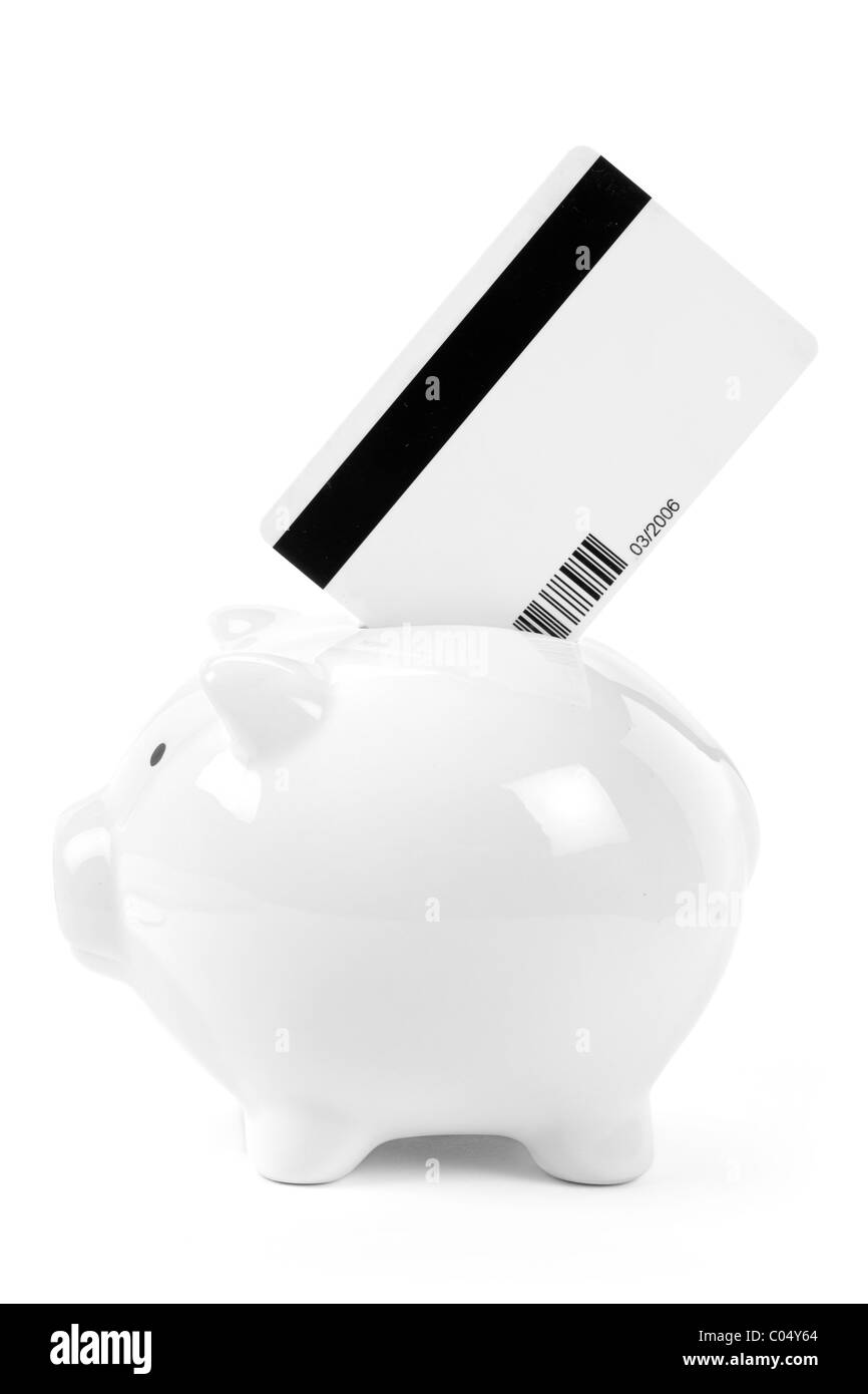 Piggy Bank und Kreditkarte hautnah Stockfoto