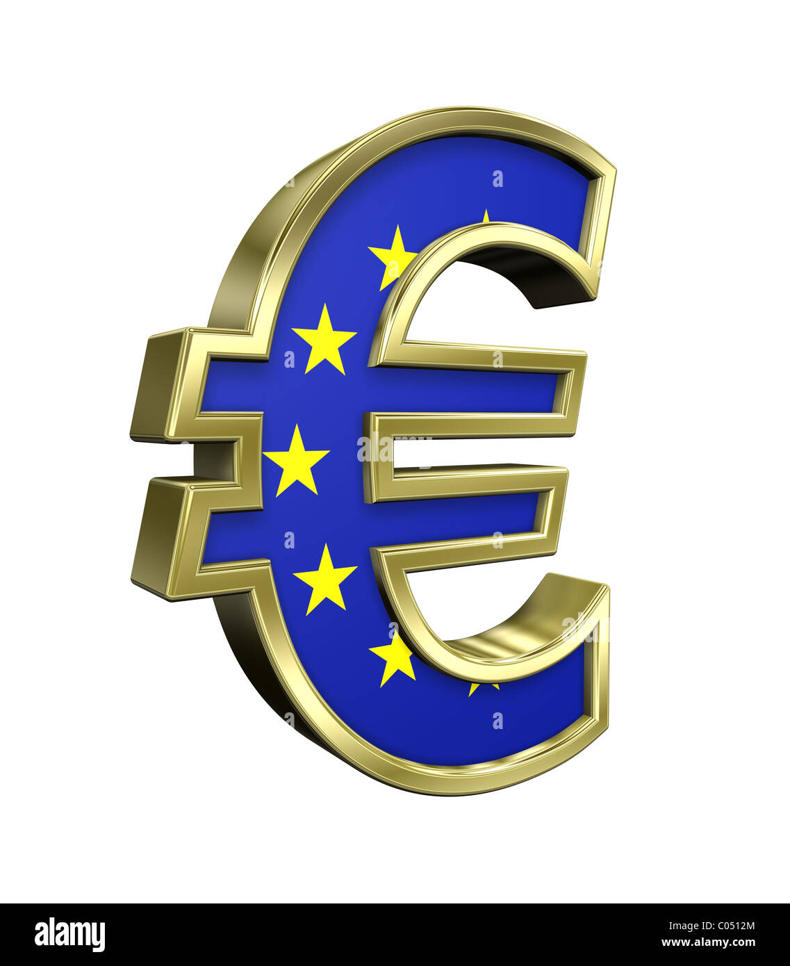 Gold Euro-Zeichen mit EU-Flagge isoliert auf weiss Stockfoto