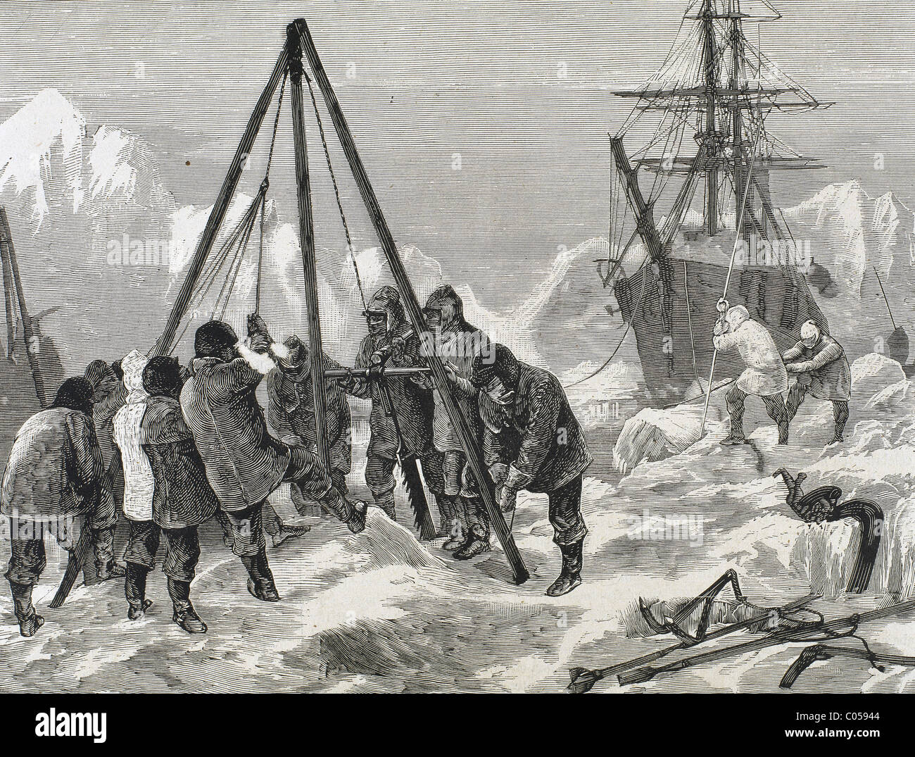 Nares, Sir George Strong (1831-1915). Britischer Marineoffizier und Polarforscher. Die Besatzung schneiden Eis für das Schiff navigiert. Stockfoto