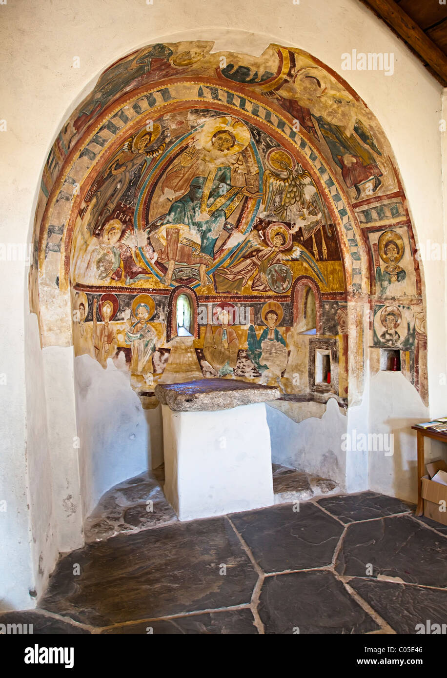 Romanische Malereien in Sant Miquel d'Engolasters Andorra erhalten Stockfoto
