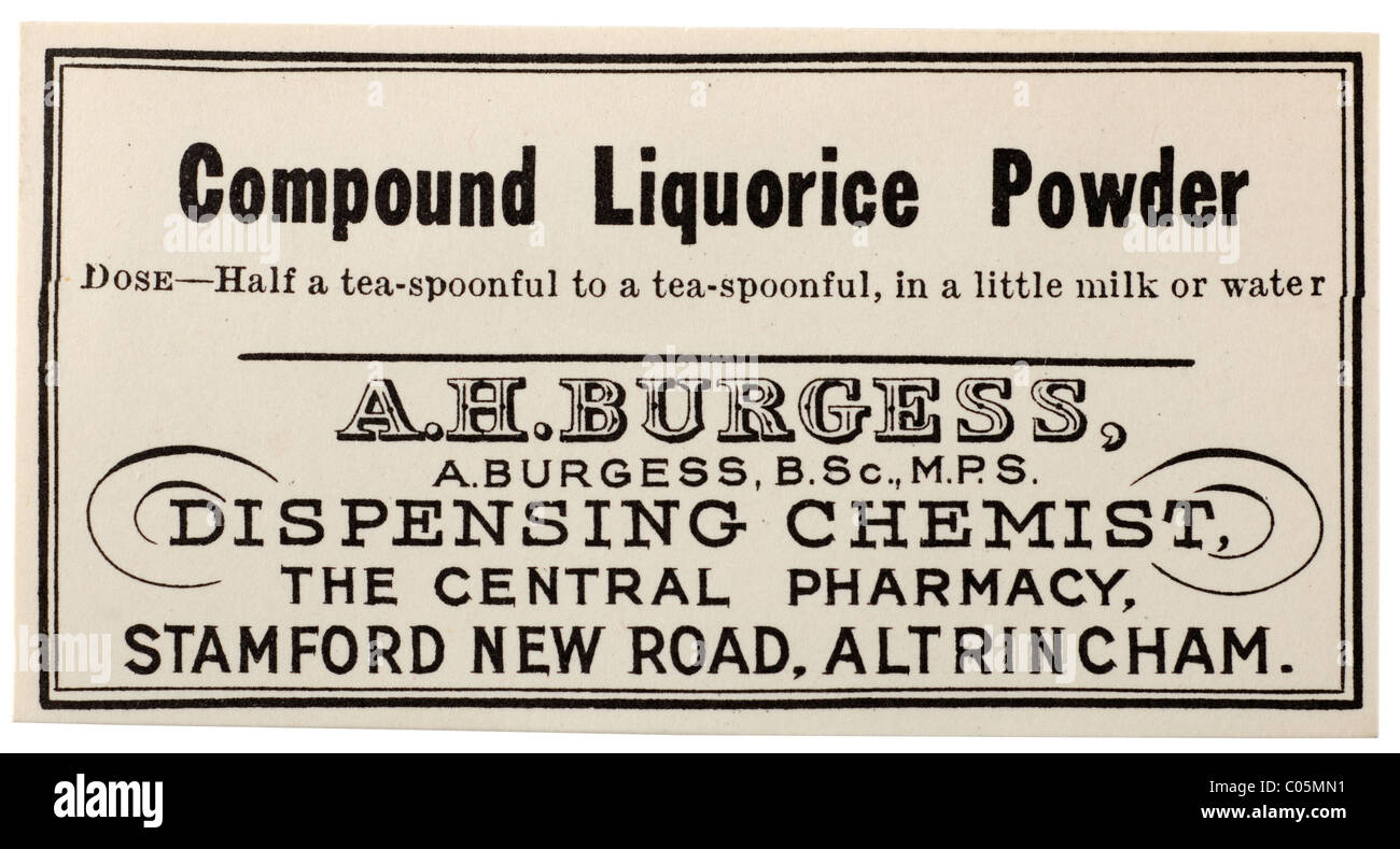 Alte Vintage Chemiker Kennzeichnung von A H Burgess Apotheker in Altrincham für Compound Lakritz Pulver. EDITORIAL NUR Stockfoto