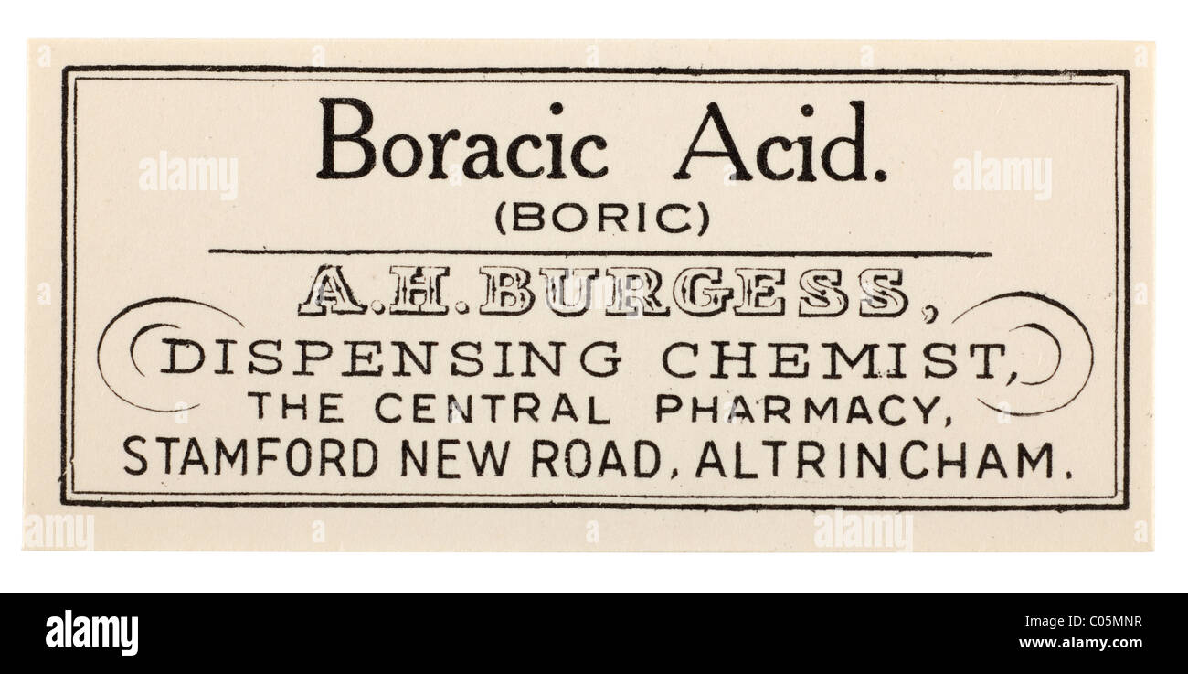 Alte Vintage Chemiker Kennzeichnung von A H Burgess Apotheker in Altrincham für Borsäure. EDITORIAL NUR Stockfoto