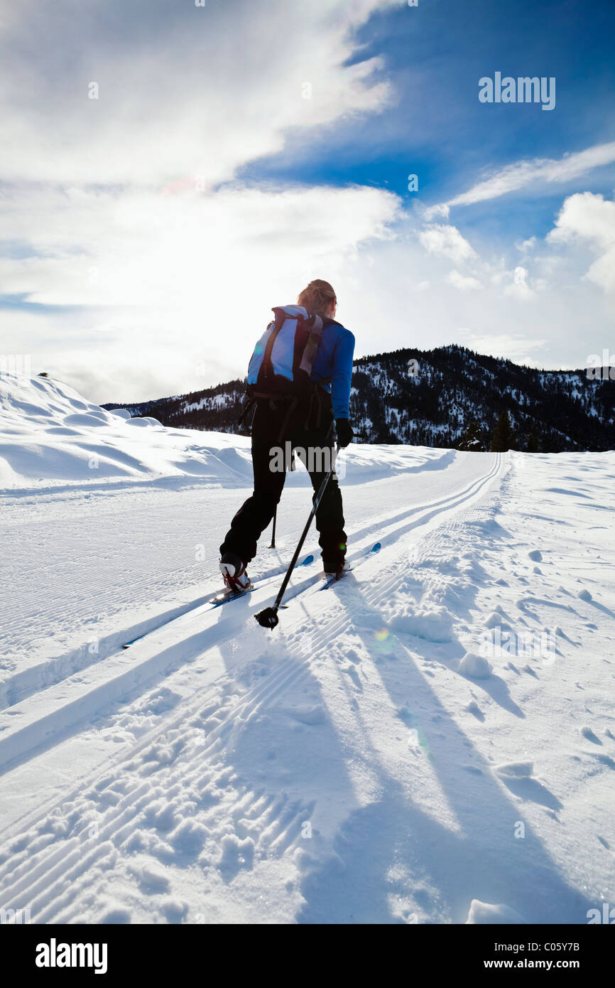 Eine Frau Langlaufen auf den Trails im Sun Mountain Resort and Lodge, Methow Valley, Washington, USA. Stockfoto