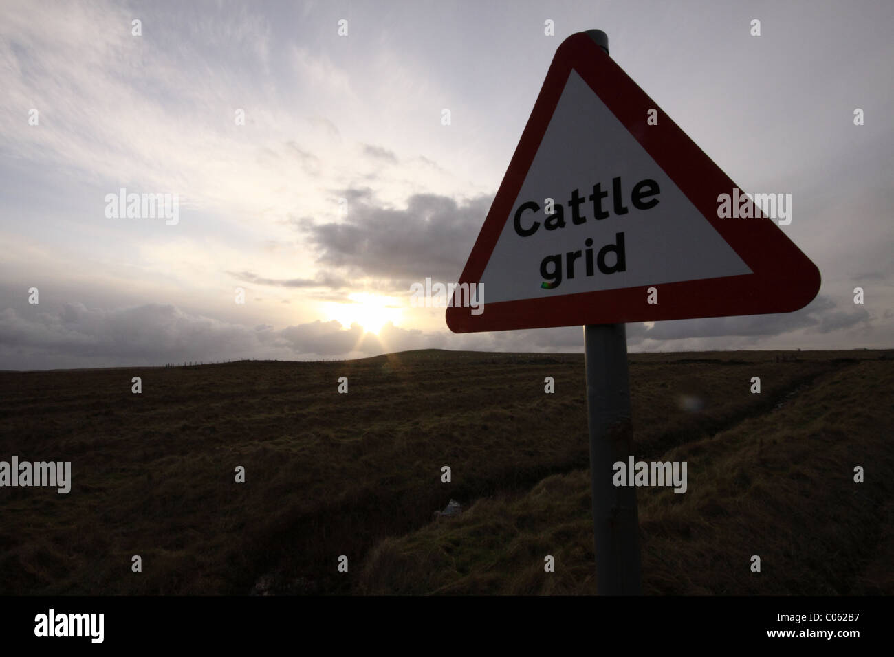 Rinder-Raster-Wegweiser mit Sonne hinter eine Wolke über einem Feld Gras Stockfoto