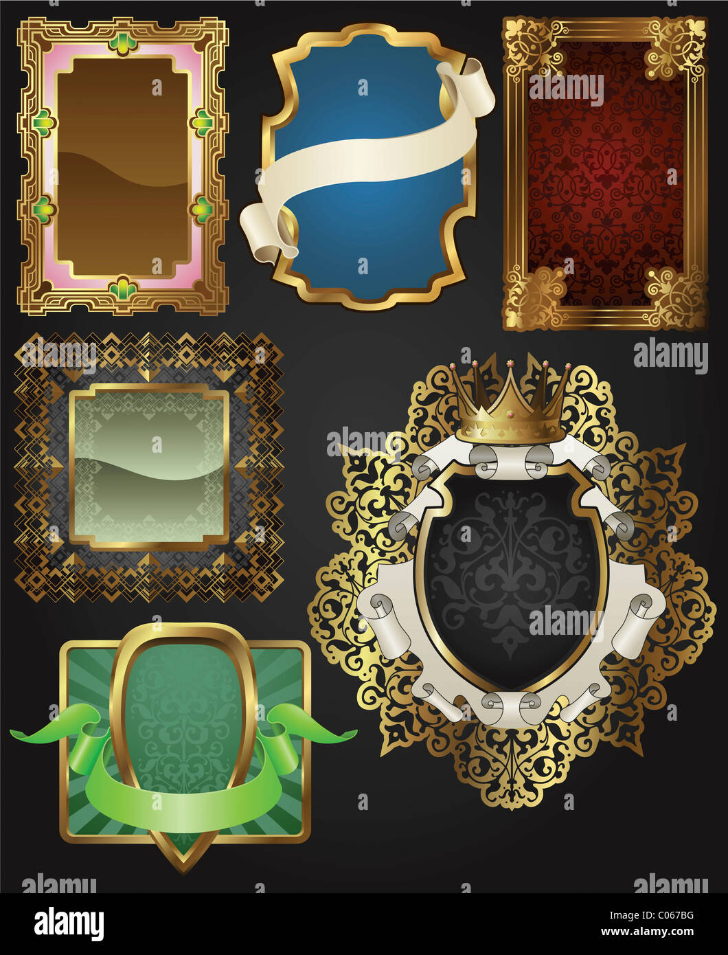 Vintage retro glänzend gold-Rahmen und Etiketten in einer Vielzahl von Retro-antike Stile. Stockfoto