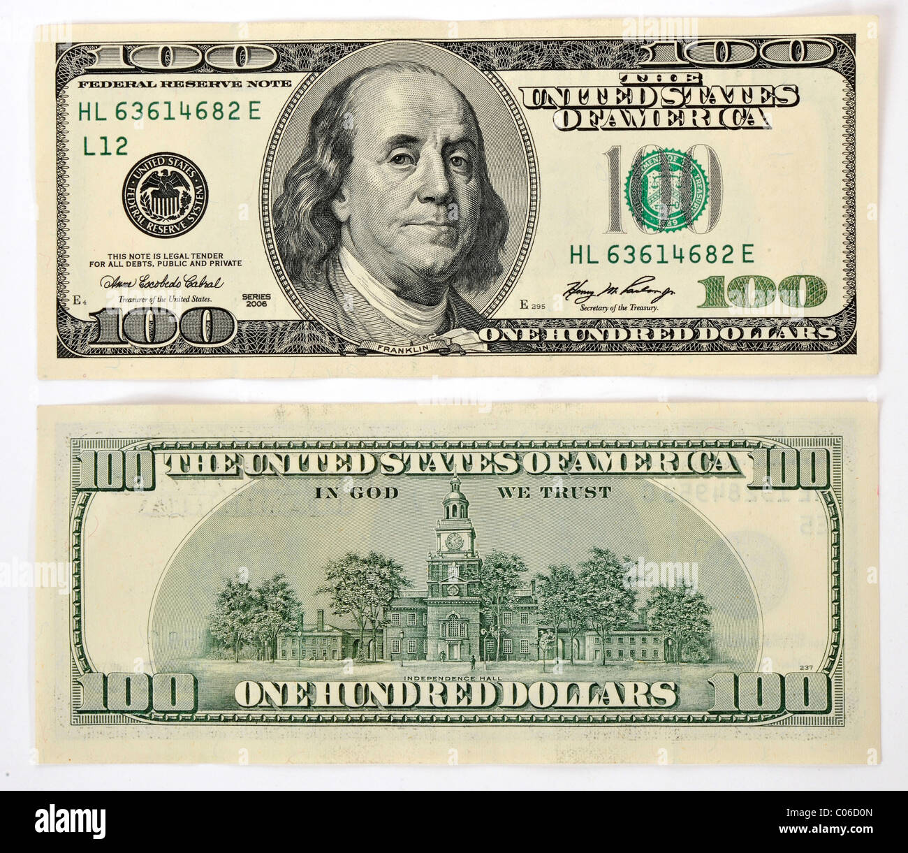100 US-Dollar-Banknote, Vorder- und Rückseite Stockfoto