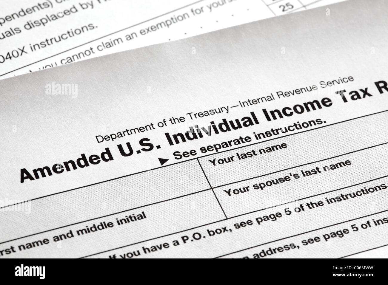 US-Einkommenssteuer Form 1040 X close-up. Stockfoto