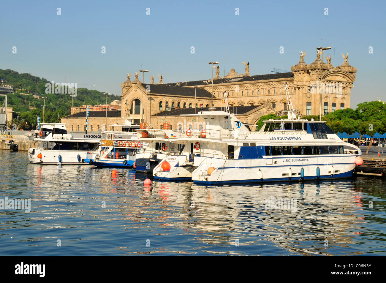 Ausflugsschiffe im alten Hafen, Barcelona, Spanien, Iberische Halbinsel, Europa Stockfoto