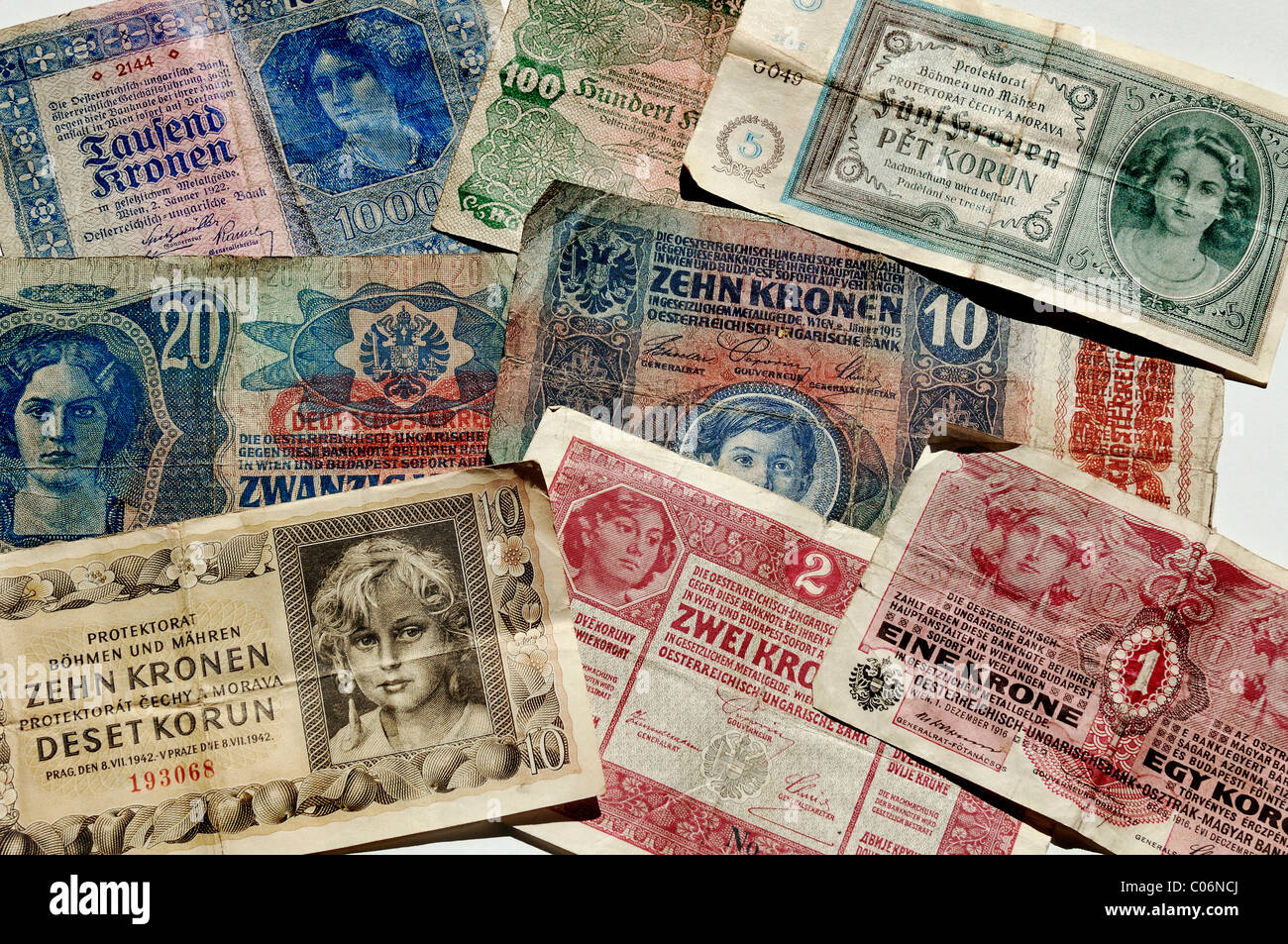 Kronen-Banknoten, Austro-ungarische Bank und dem Protektorat Böhmen und Mähren, 1915-1942, Europa Stockfoto