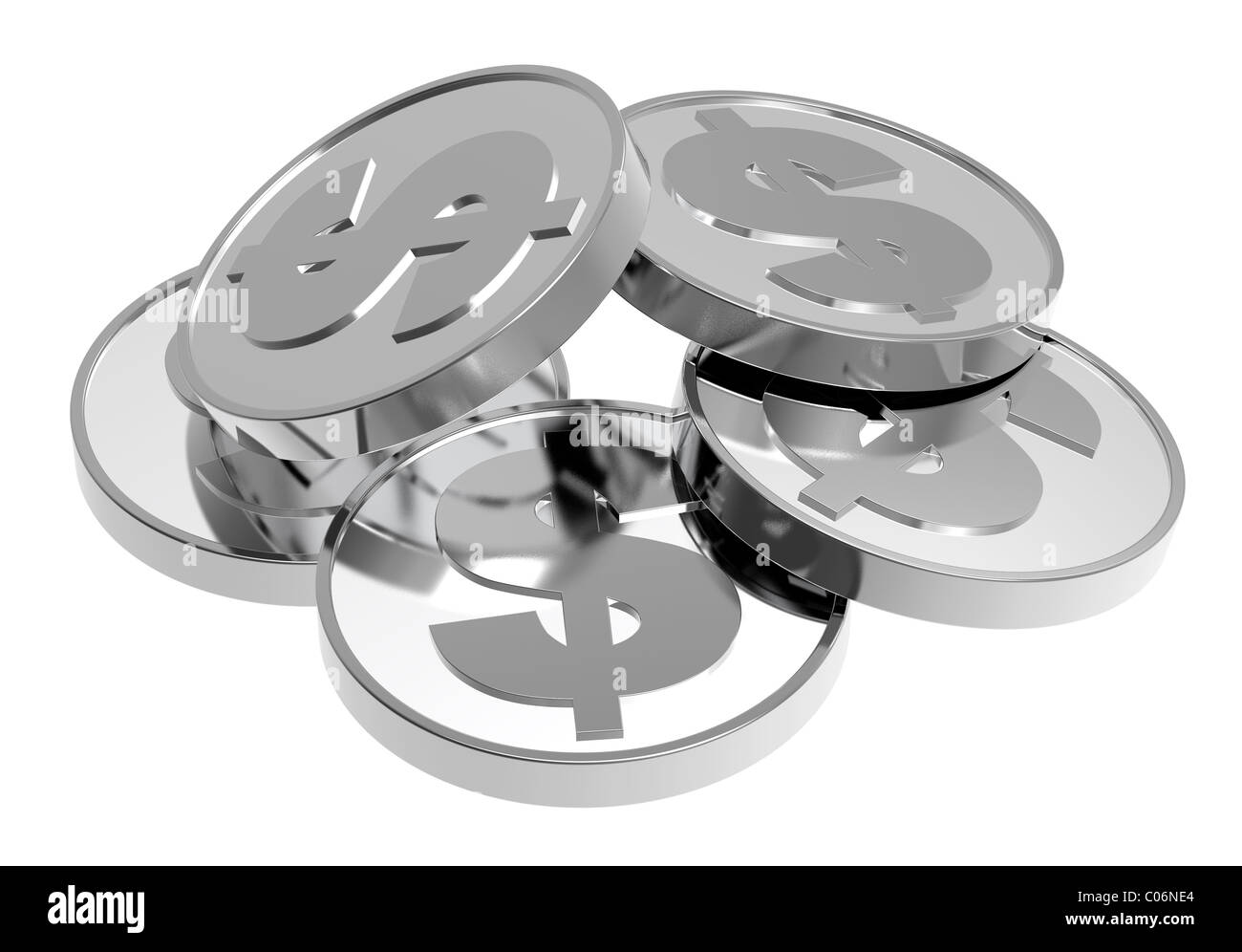Silber-Dollar-Münzen, die auf einem weißen Hintergrund isoliert Stockfoto