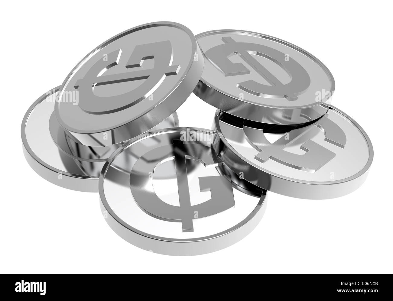 Silber Guarani Münzen isoliert auf weißem Hintergrund Stockfoto