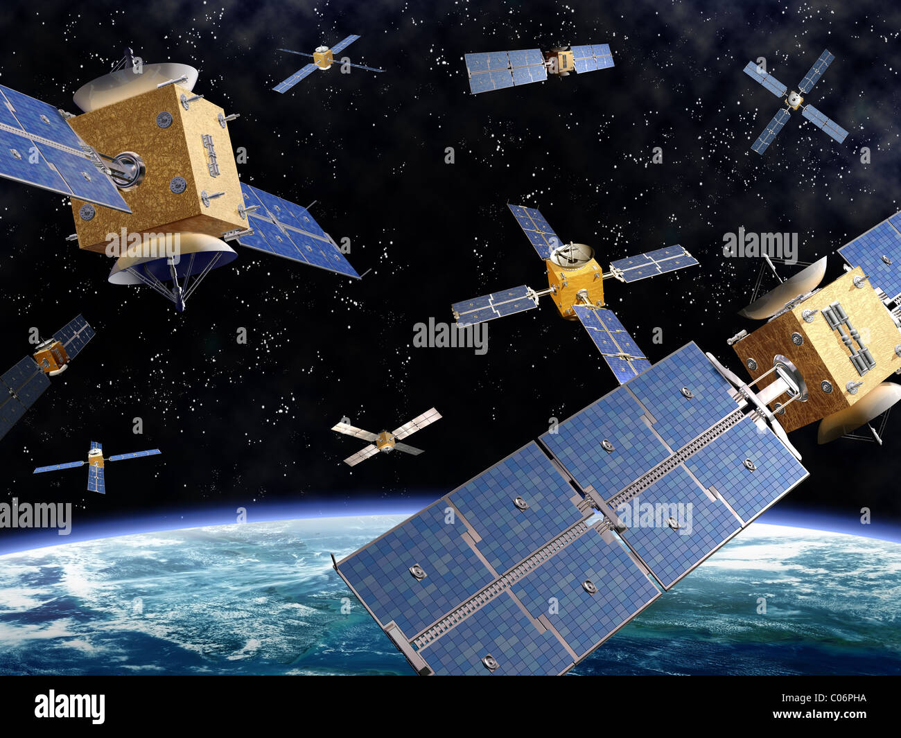 Illustration der konkurrierenden Satelliten im Orbit um die Erde Stockfoto