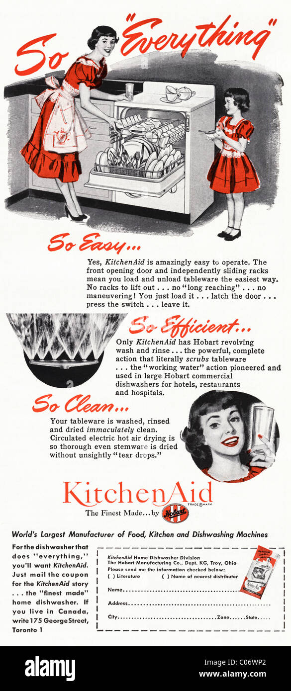 Original 1950er Jahre Werbung mit Rezept in amerikanischen Verbraucher-Magazin für den KITCHEN AID-Geschirrspüler Stockfoto