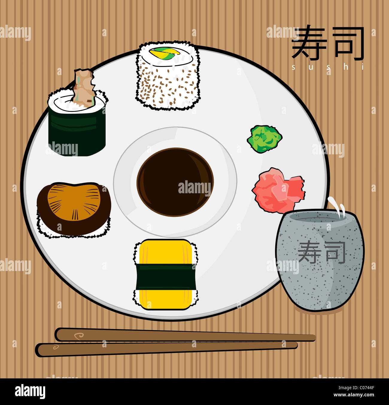 Sushi-Rollen auf einem Teller mit Sake. Stockfoto