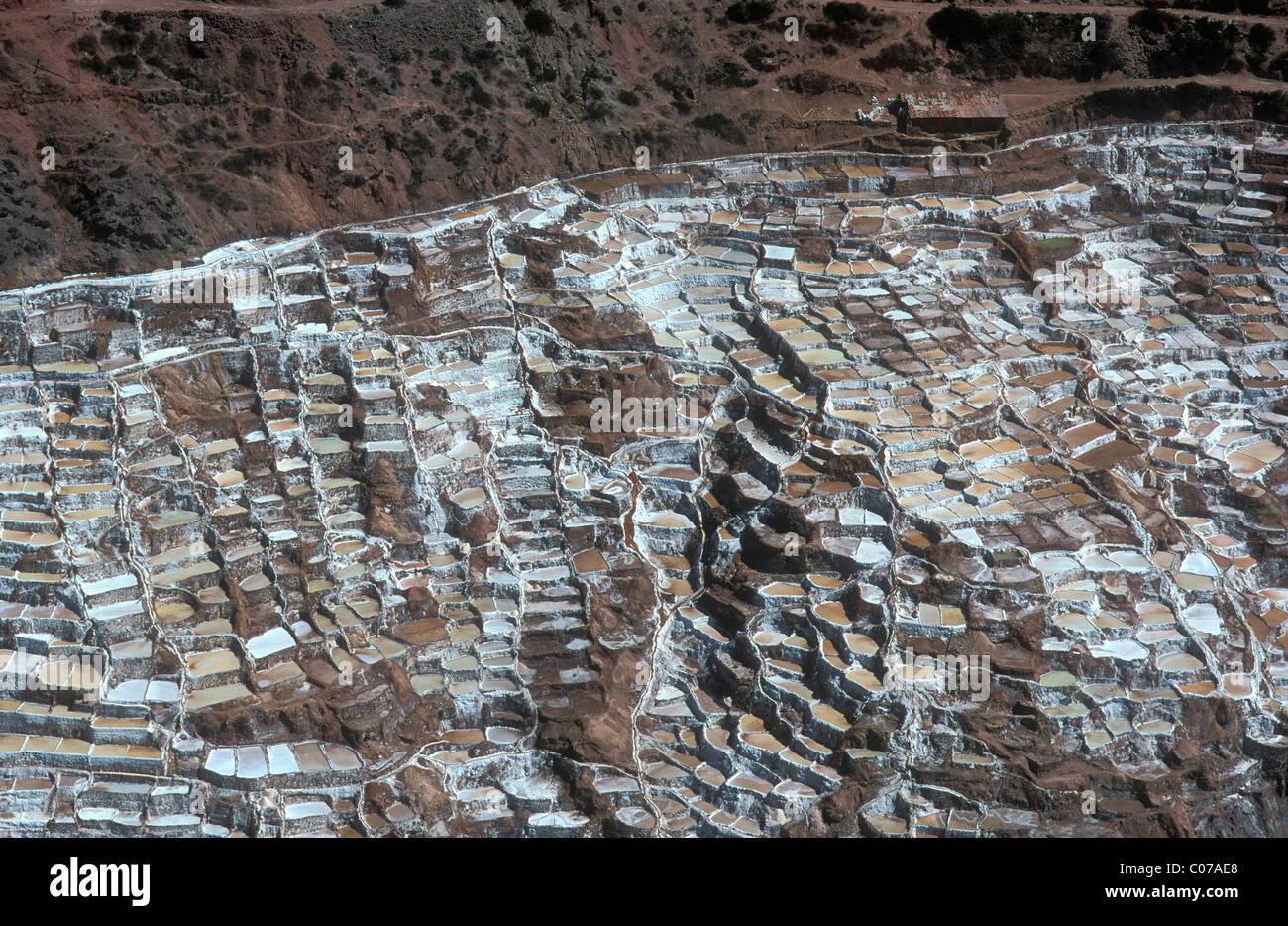Hunderte von Salz Terrassen auf einem Hügel am Pichingote, Salzgewinnung durch Verdunstung, bereits im Einsatz während der Zeit der Stockfoto