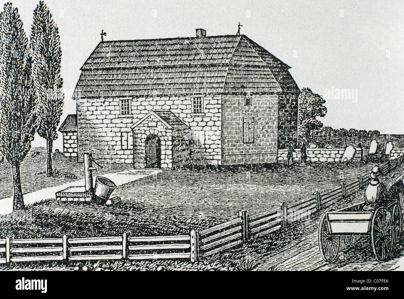 Lutherische Kirche. Erbaut im Jahre 1743. Trappe. USA. 19. Jahrhundert-Gravur. Stockfoto