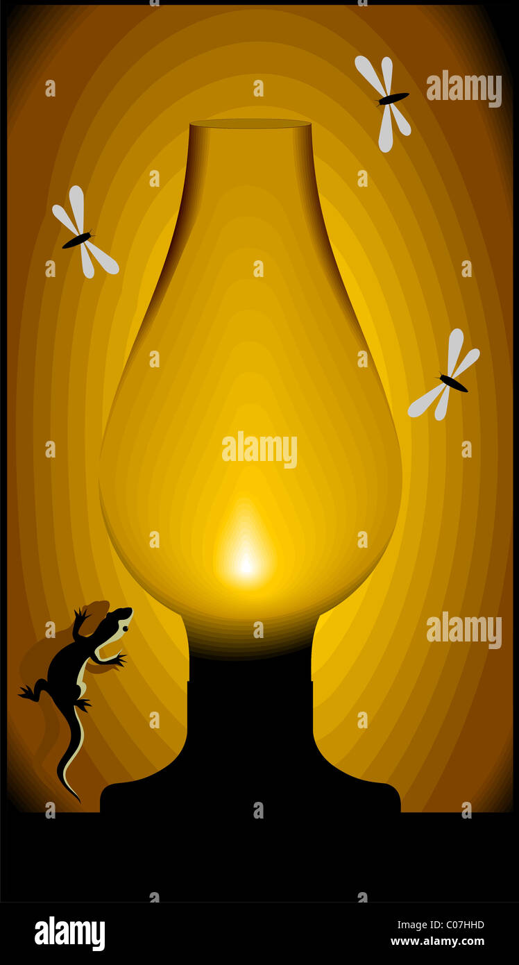 Digitales Bild einer Kerosin-Lampe. Der Künstler erlebt die Schönheit der Insekten und eine Eidechse um die Lampe. Stockfoto