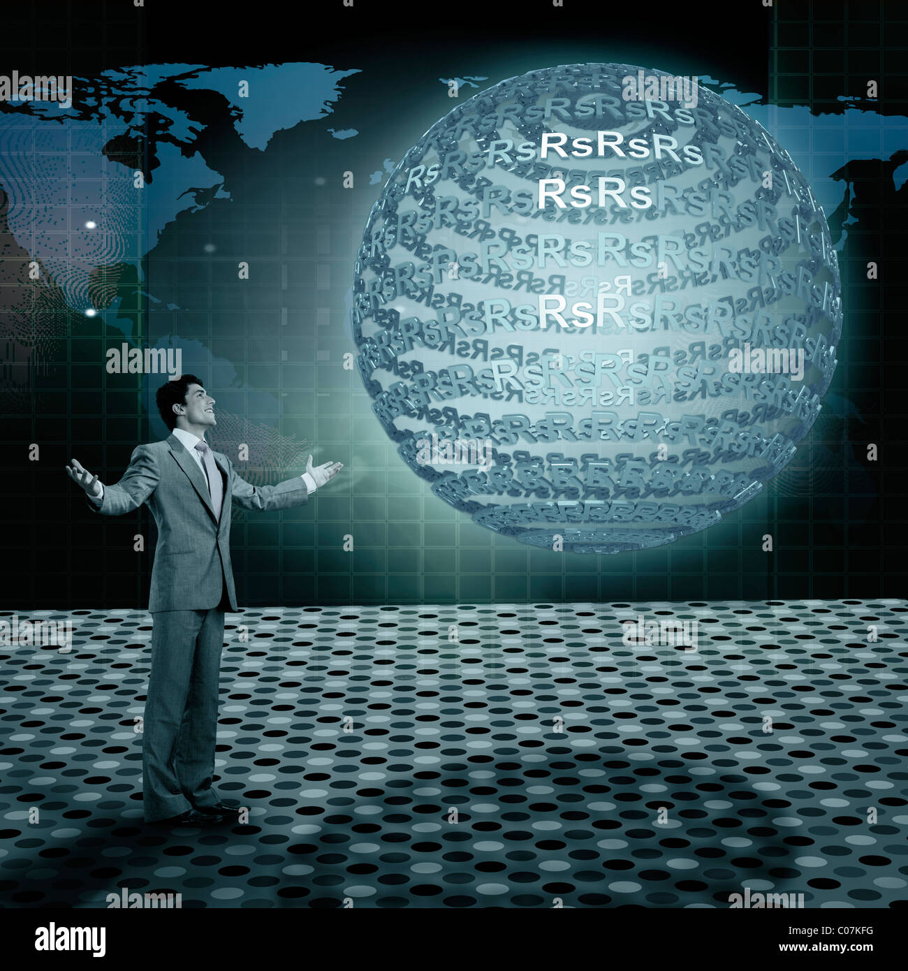 Geschäftsmann, stehen vor einen Globus mit Rupie Symbole Stockfoto