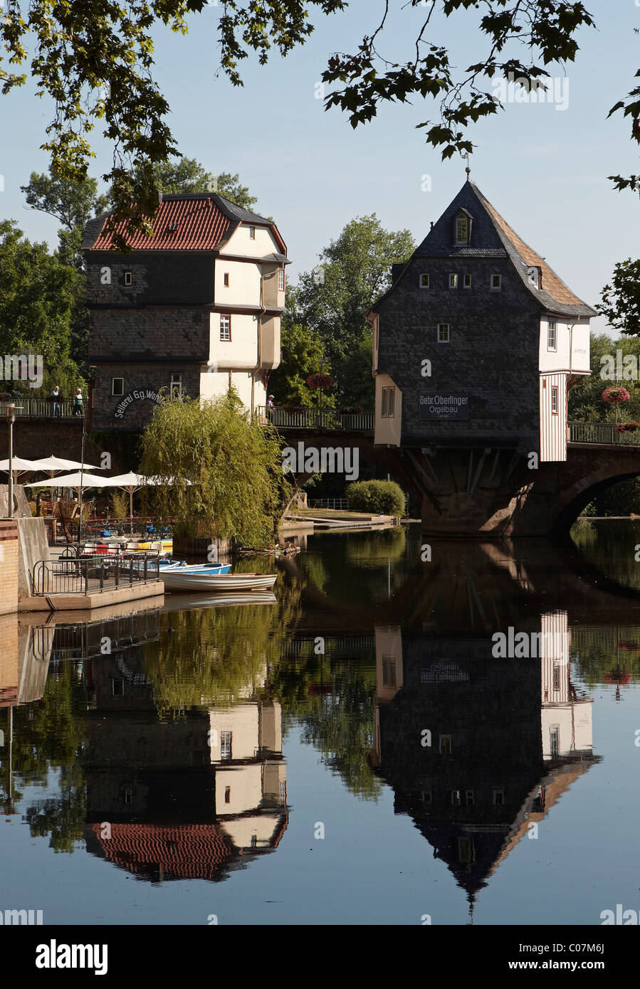 Brücke Häuser aus dem 15. Jahrhundert auf der Brücke "Alte Nahebruecke", Wahrzeichen der Stadt Bad Kreuznach, Rheinland-Pfalz Stockfoto
