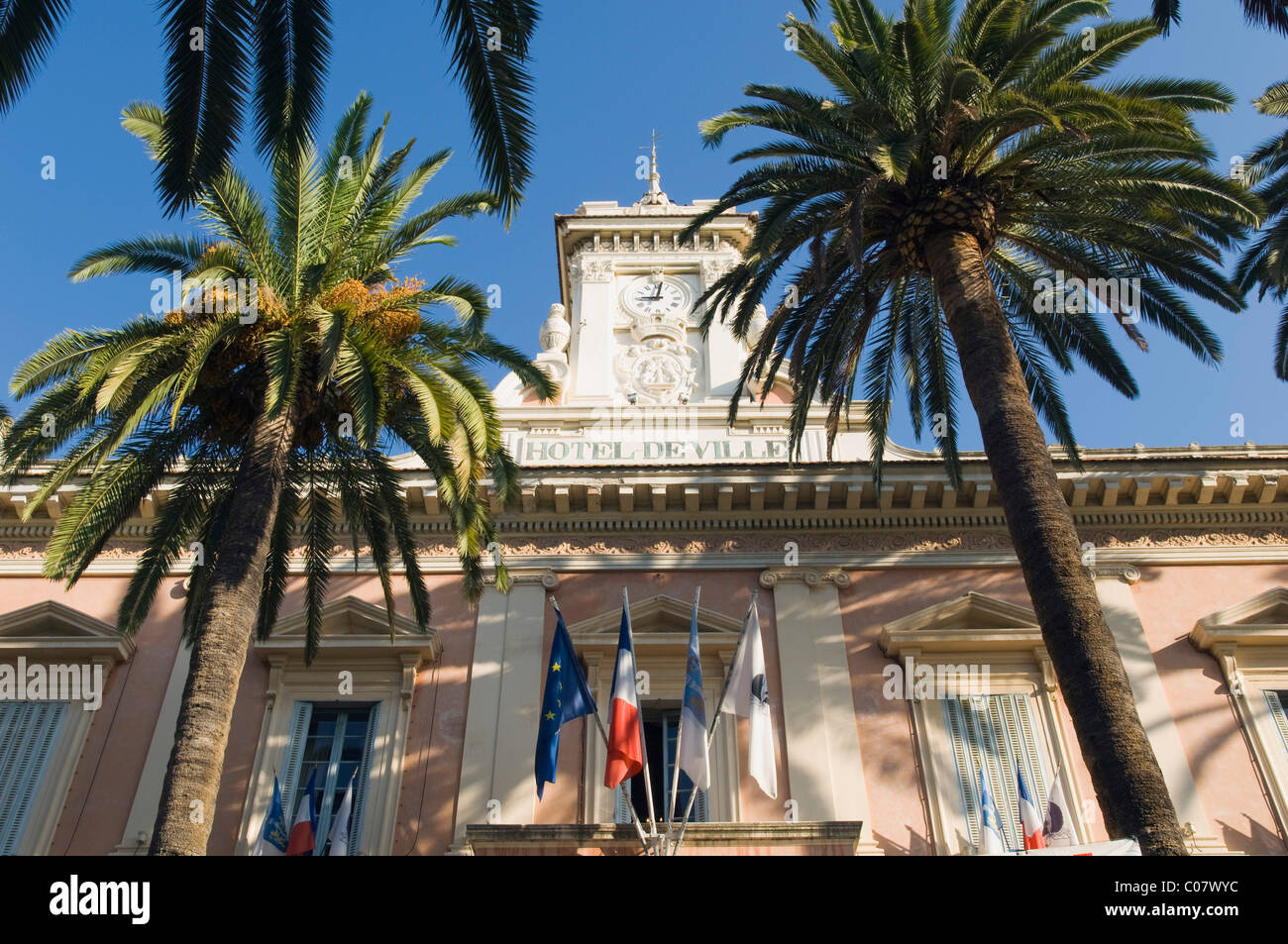 Palmen vor dem Rathaus Ort Marechal Foch, Ajaccio, Korsika, Frankreich Stockfoto