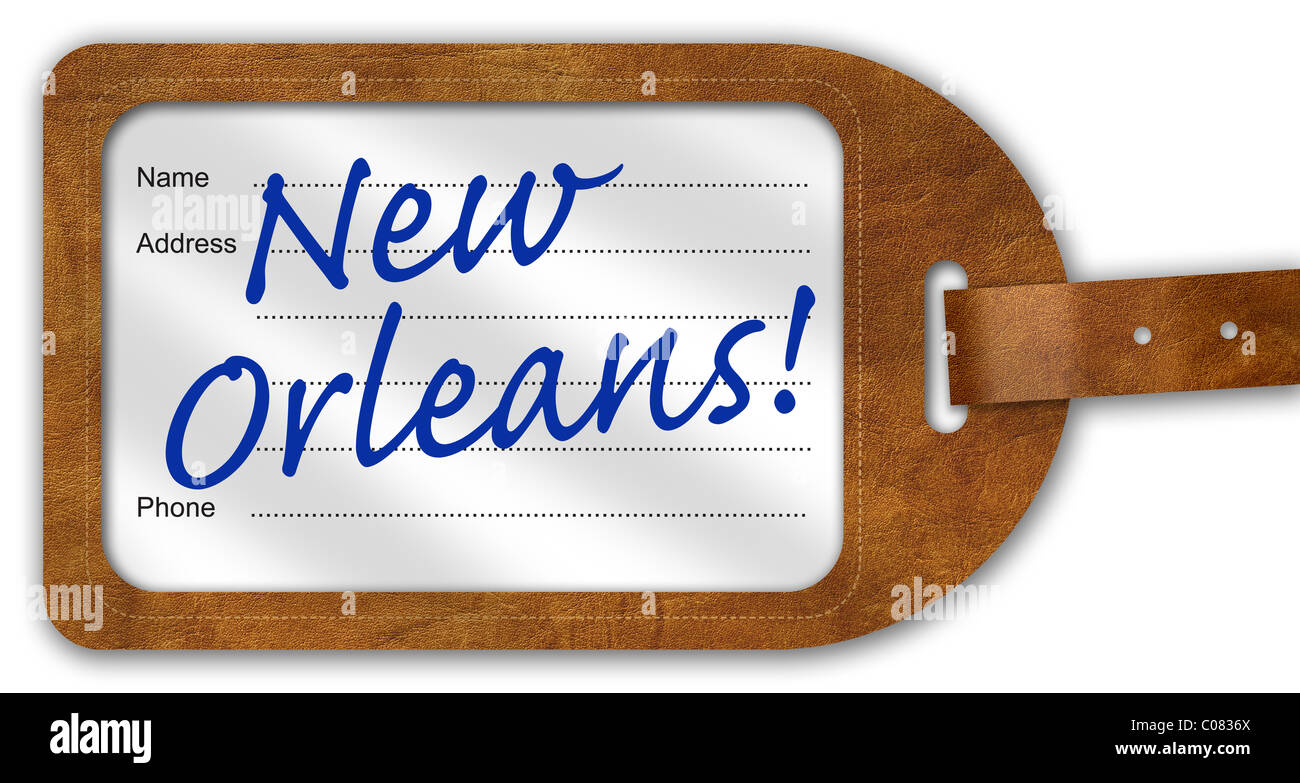 Koffer/Gepäck Label mit "New Orleans!" geschrieben am Stockfoto