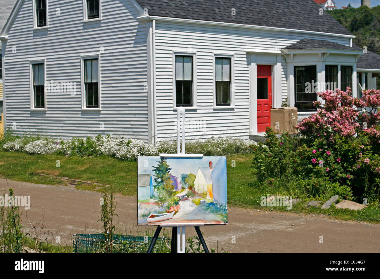 Kunstunterricht, Malerei, Aquarell, Staffelei, Künstlerkolonie, Küste von Monhegan Island, Maine, New England, USA Stockfoto
