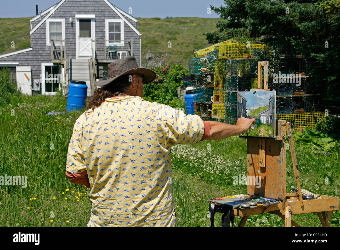 Künstler, Kunst-Klasse malen, Staffelei, Künstlerkolonie, Küste von Monhegan Island, Maine, New England, USA Stockfoto