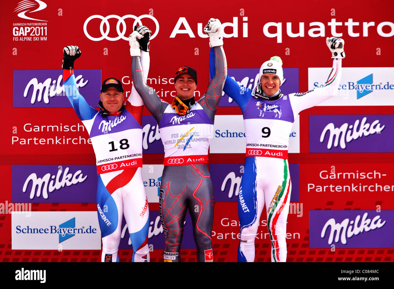 Didier Cuche (silver), Erik Guay (gold), Christof Innerhofer (Bronze) bei der FIS Alpinen Ski-WM 2011 Stockfoto