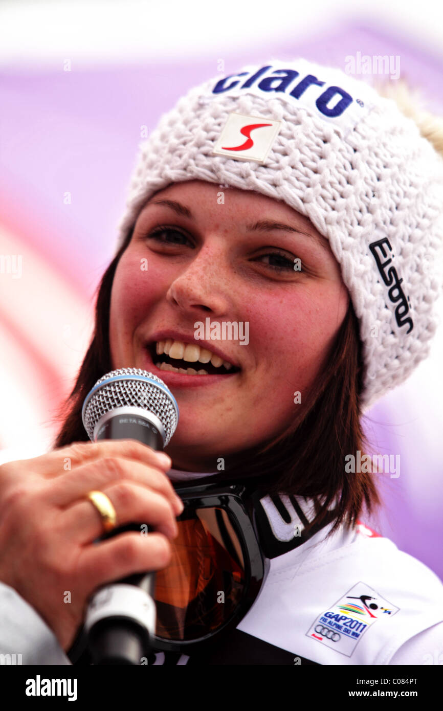 Gewinner der Goldmedaille Anna Fenninger (AUT) bei den alpinen Skiweltmeisterschaften 2011 in Garmisch Partenkirchen Stockfoto