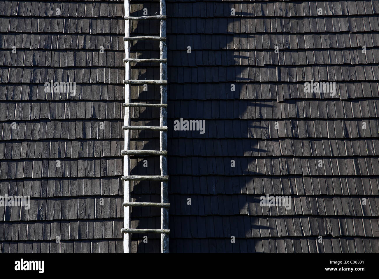 Schwarzen Schindeldach mit Holzleiter. Stockfoto