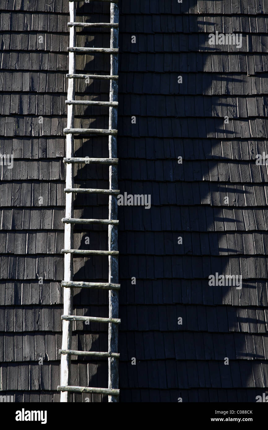 Schwarzen Schindeldach mit Holzleiter. Stockfoto
