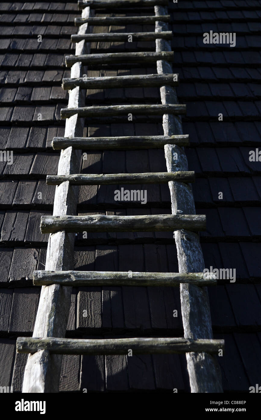 Schwarzen Schindeldach mit Holzleiter. Stockfoto