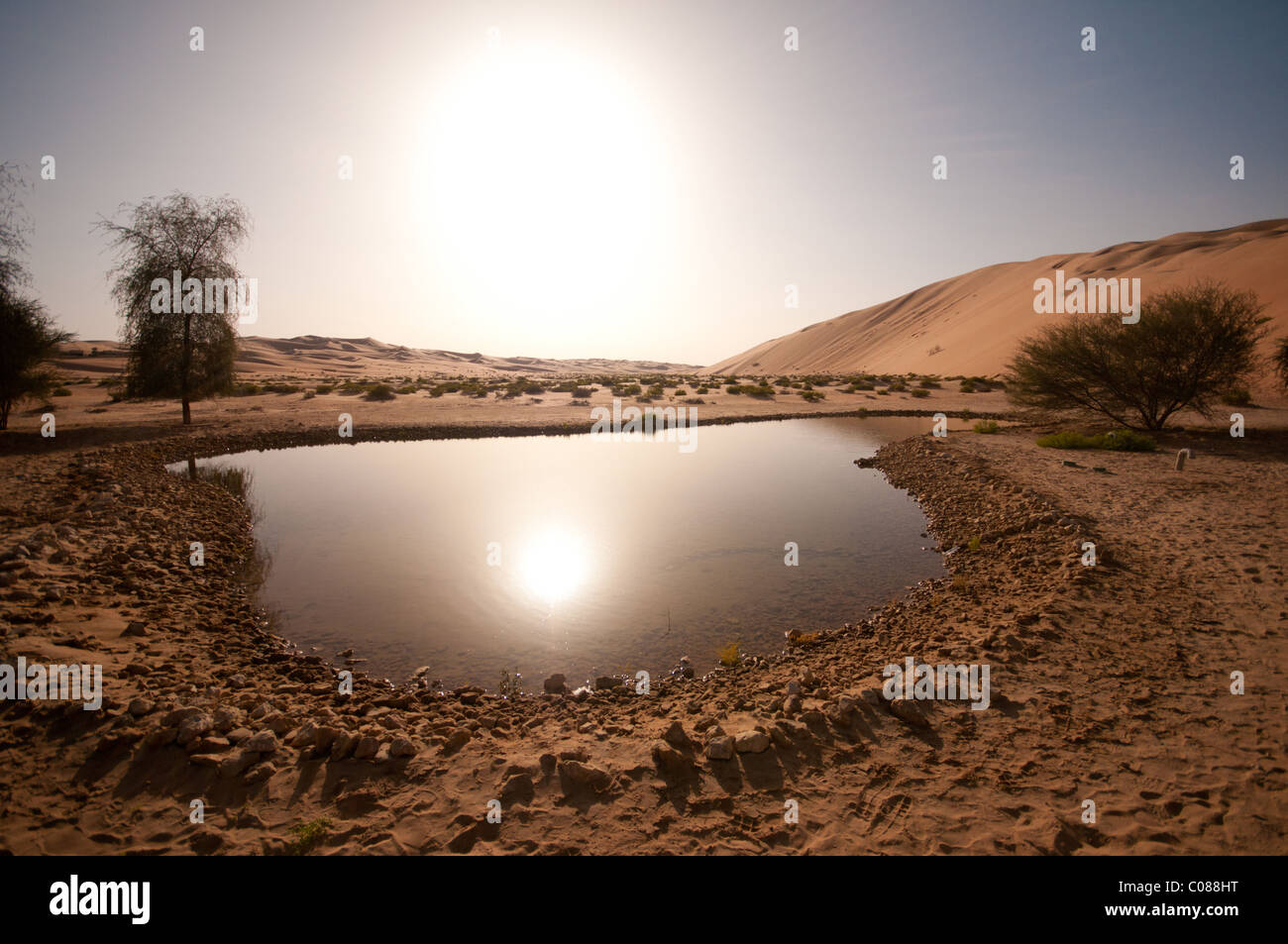 Sonnenuntergang über einem Pool in der Wüste Stockfoto