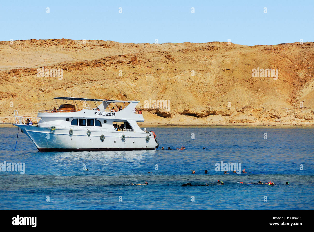 Schnorcheln und Tauchen in der Nähe von Tiran Insel, nördlich von Sharm El Sheikh, Sinai-Halbinsel, Rotes Meer, Ägypten. Stockfoto