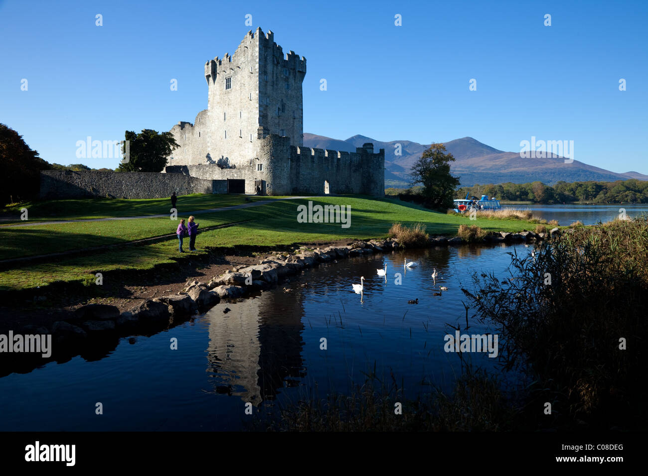 15. Jahrhundert Ross Castle, Wohnturm und halten am Ufer des Lough Leane, Ring of Kerry, Killarney Nationalpark, County Kerry, Irland. Stockfoto