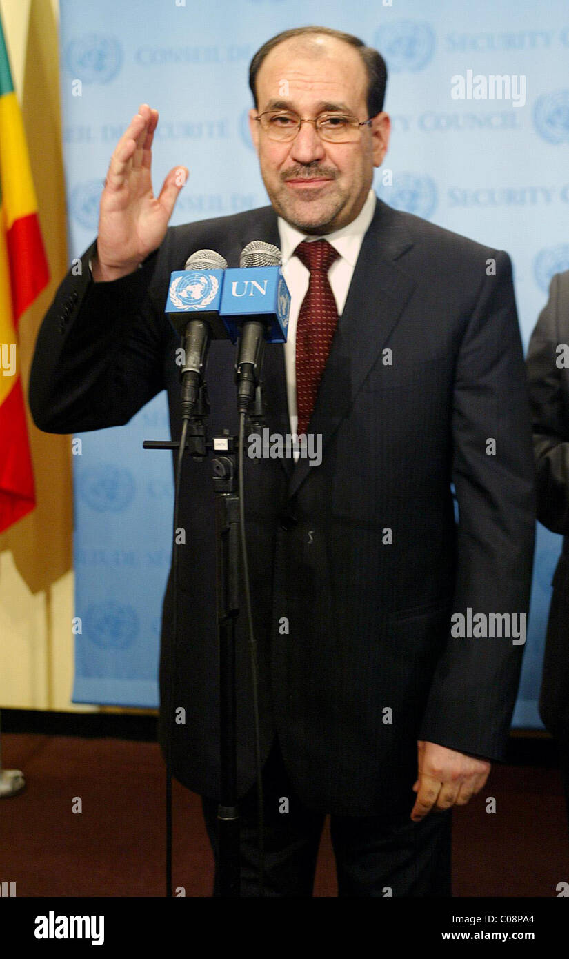 Nuri Kamel al-Maliki Ministerpräsident des Irak kommt bei der UN-Hauptsitz für High Level Meeting im Irak mit US-Außenministerin Stockfoto