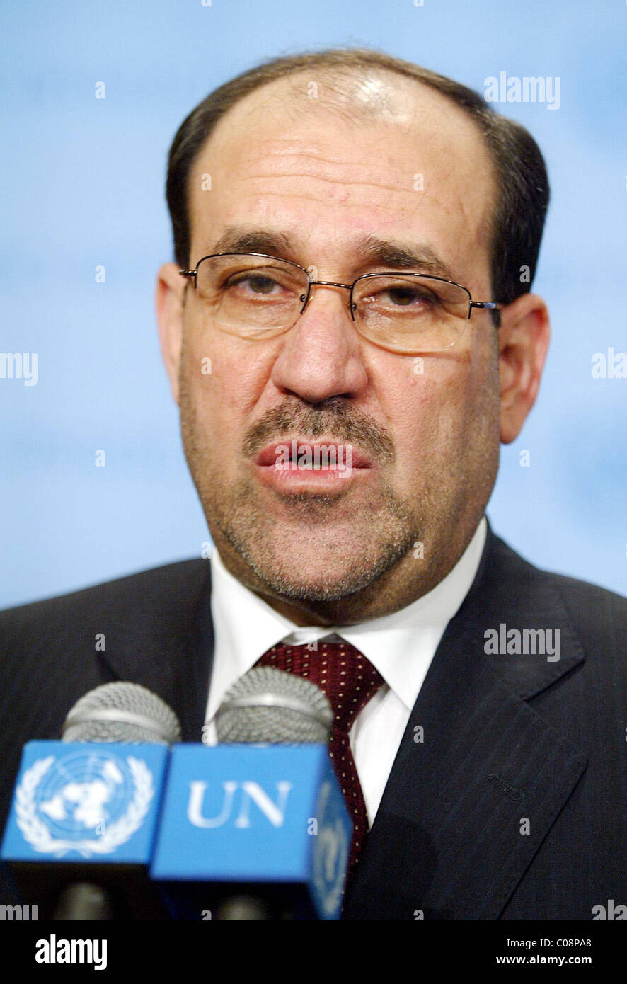 Nuri Kamel al-Maliki Ministerpräsident des Irak kommt bei der UN-Hauptsitz für High Level Meeting im Irak mit US-Außenministerin Stockfoto
