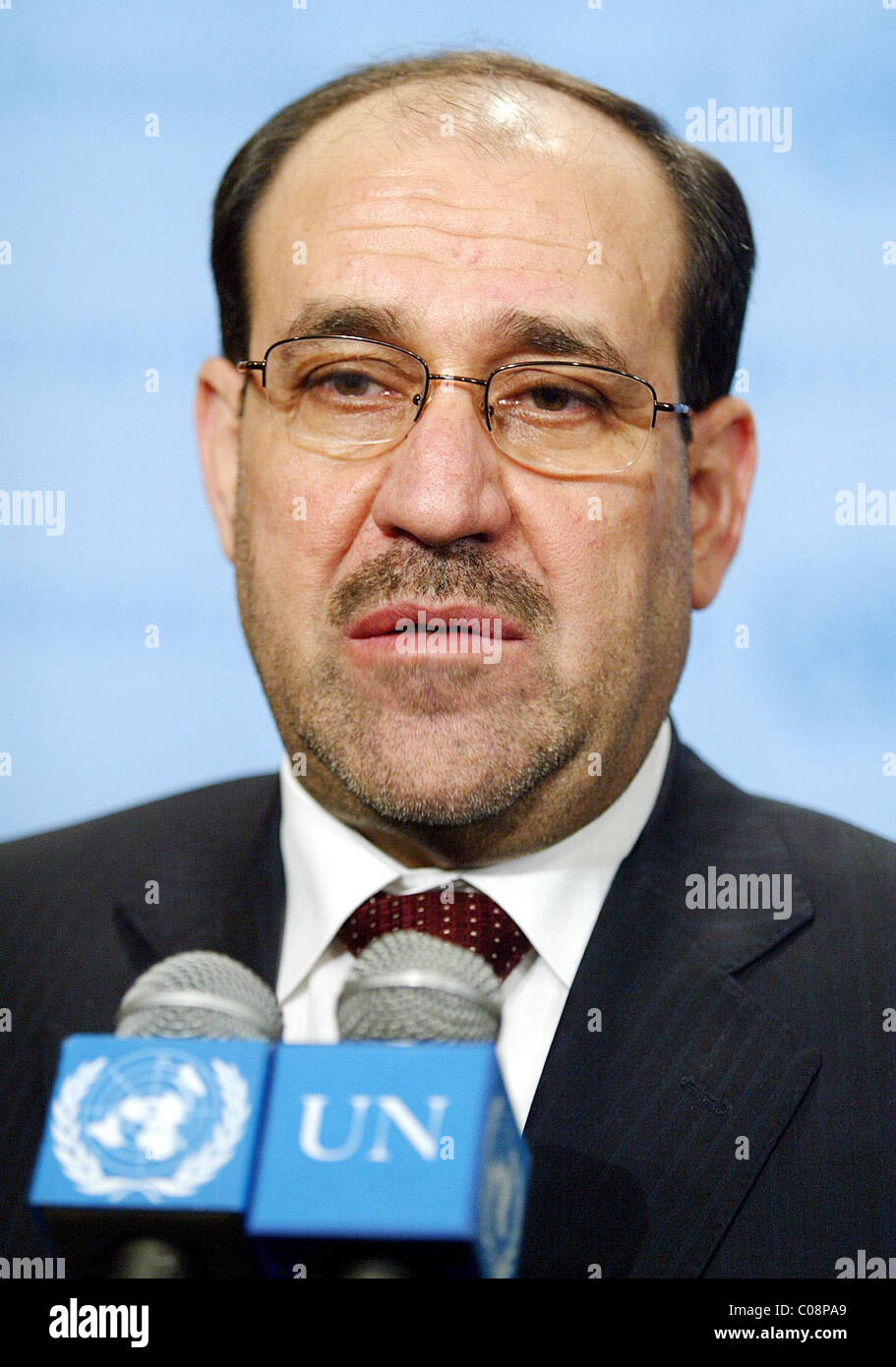 Nuri Kamel al-Maliki Ministerpräsident des Irak kommt bei der UN-Hauptsitz für High Level Meeting im Irak mit US-Außenministerin Stockfoto
