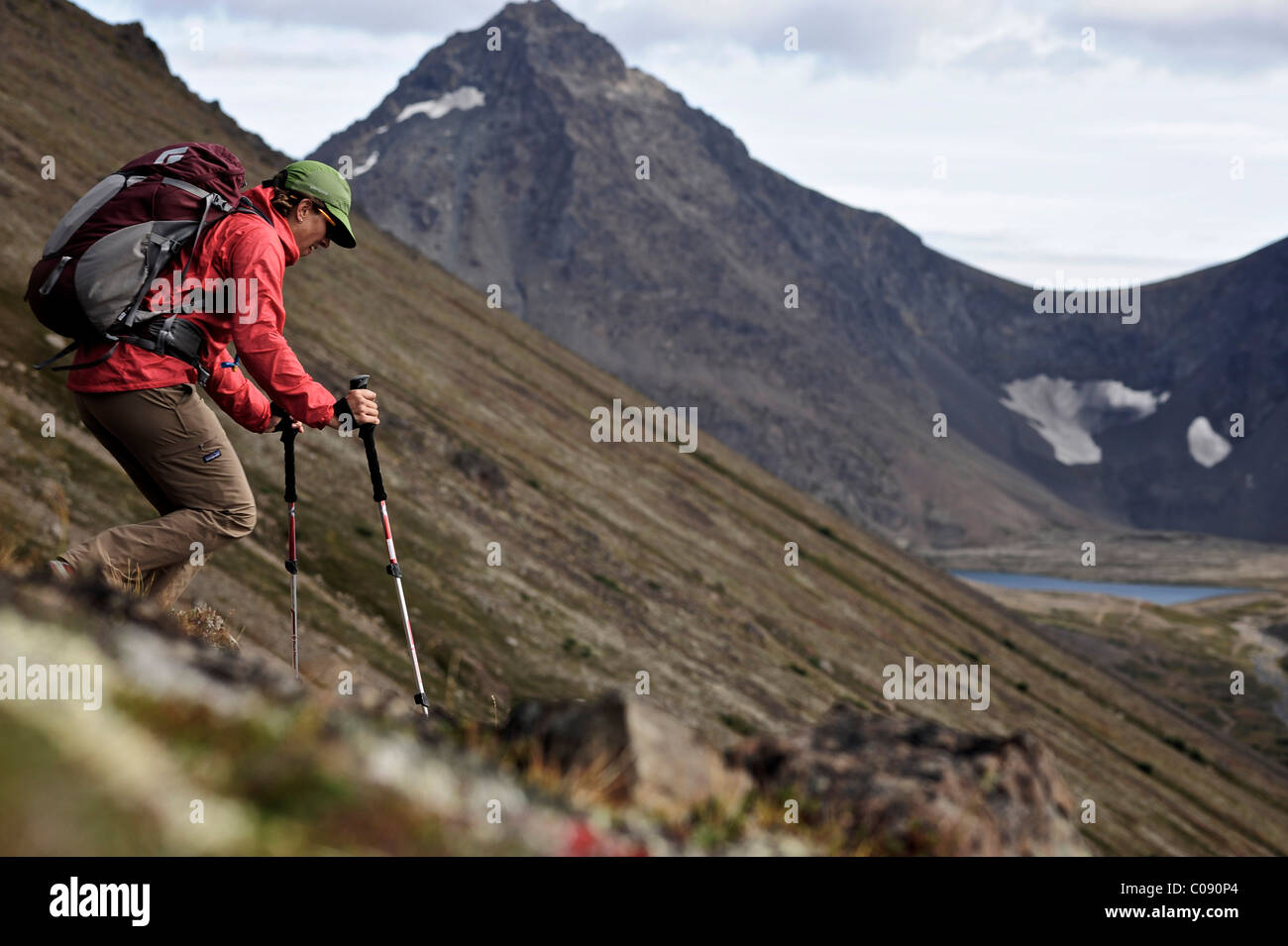 Weibliche Backpacker wandern nach Ptarmigan Pass, Chugach State Park, Yunan Alaska, Sommer Stockfoto