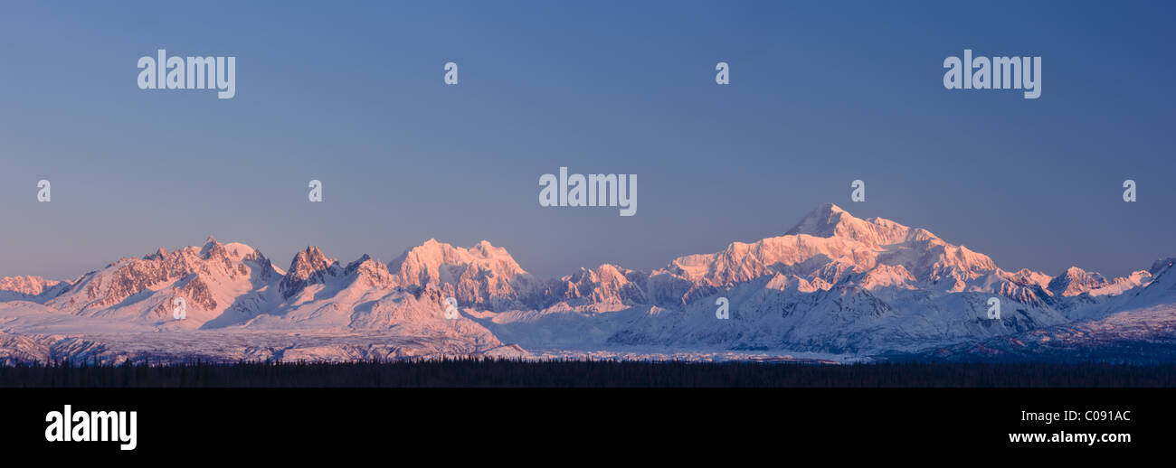 Panorama der Sonnenaufgang über dem Mt. McKinley und die Alaska Range, Denali State Park, Yunan Alaska, Winter Stockfoto