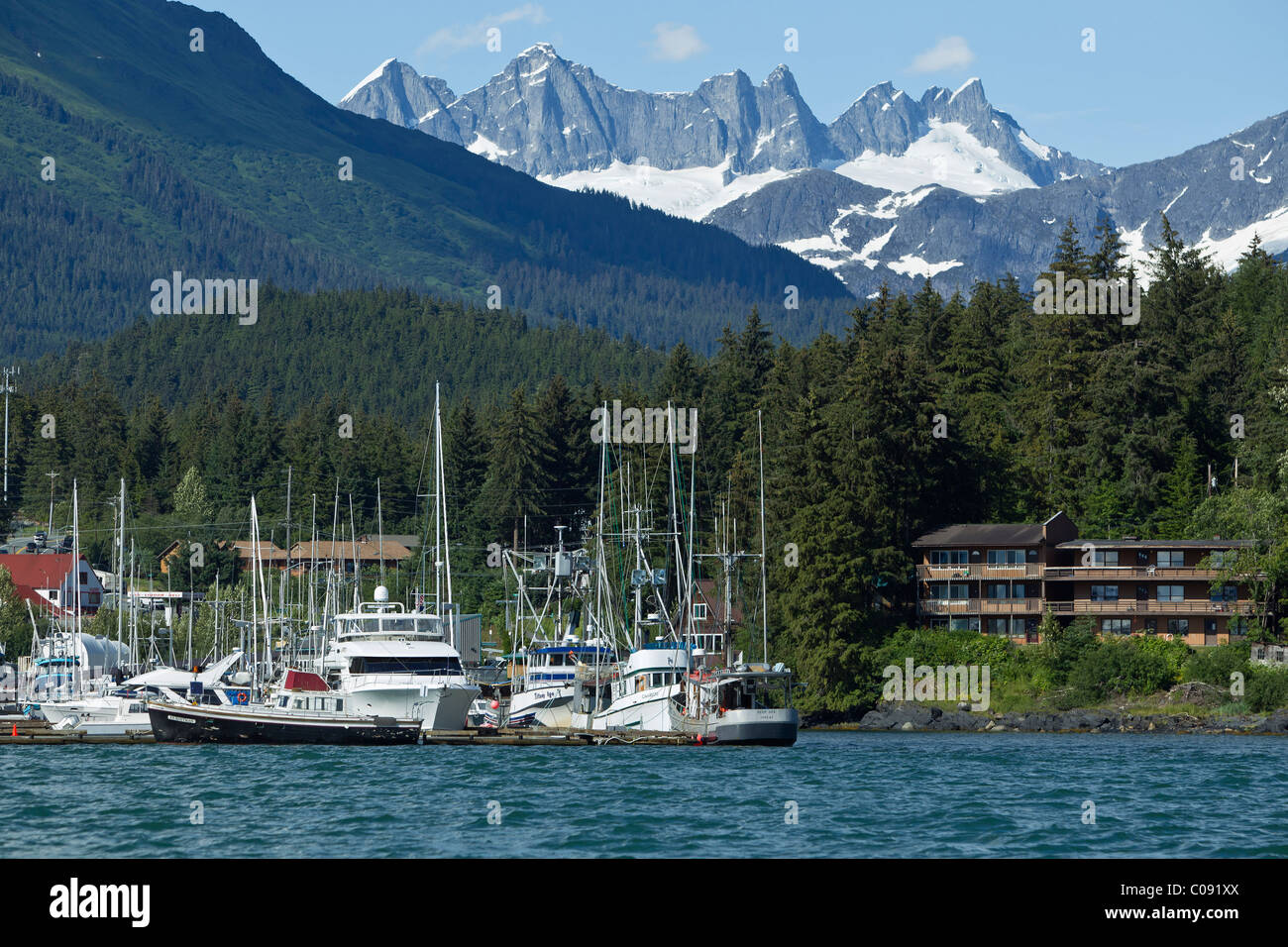 Kommerzielle Schiffe angedockt in Auke Bay mit Mendenhall Türmen in der Ferne, Juneau, Tongass National Forest, Alaska Stockfoto